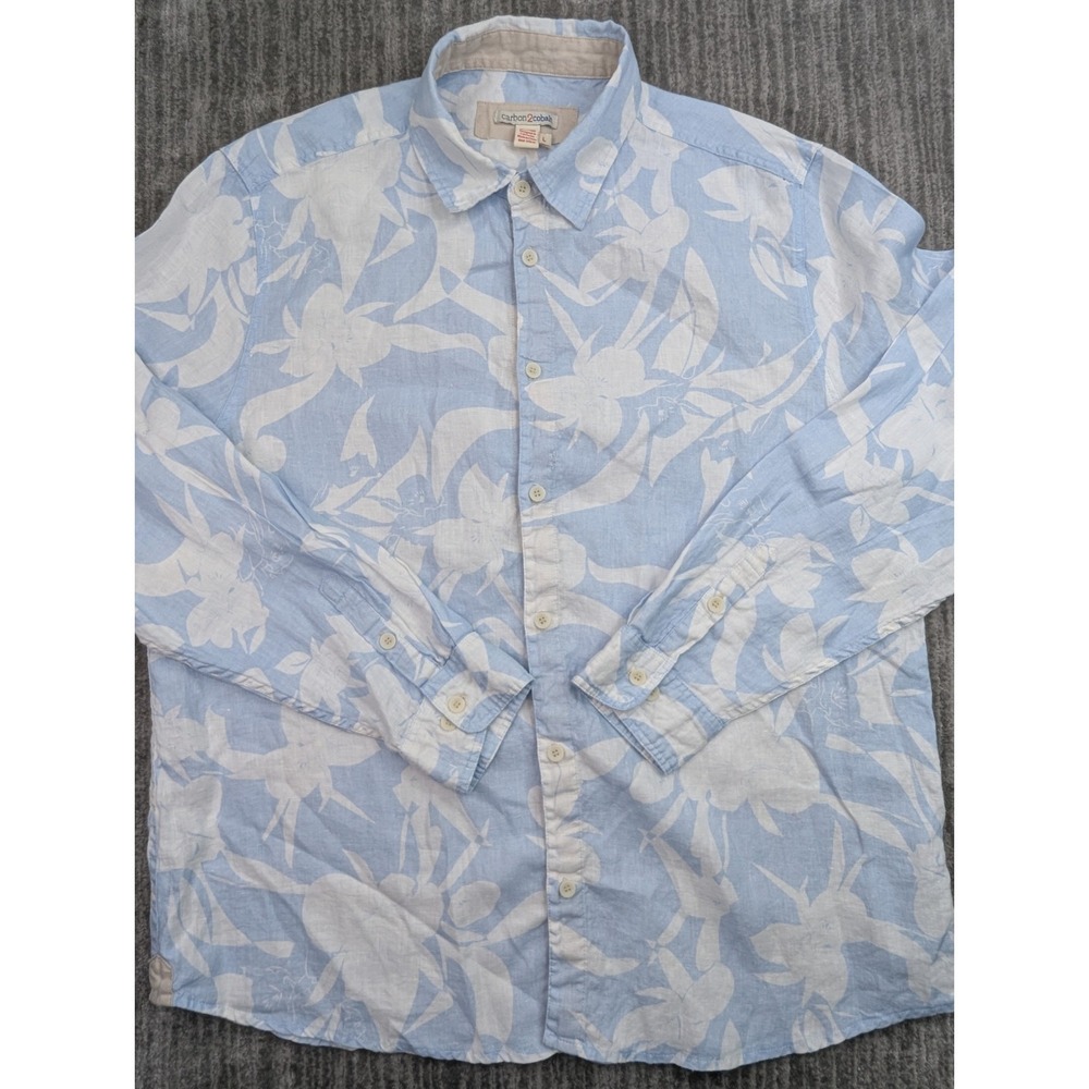 Carbon 2 Cobalt Mens L Linen Button Down Shirt Blue Floral Hawaiian Long Sleeve
